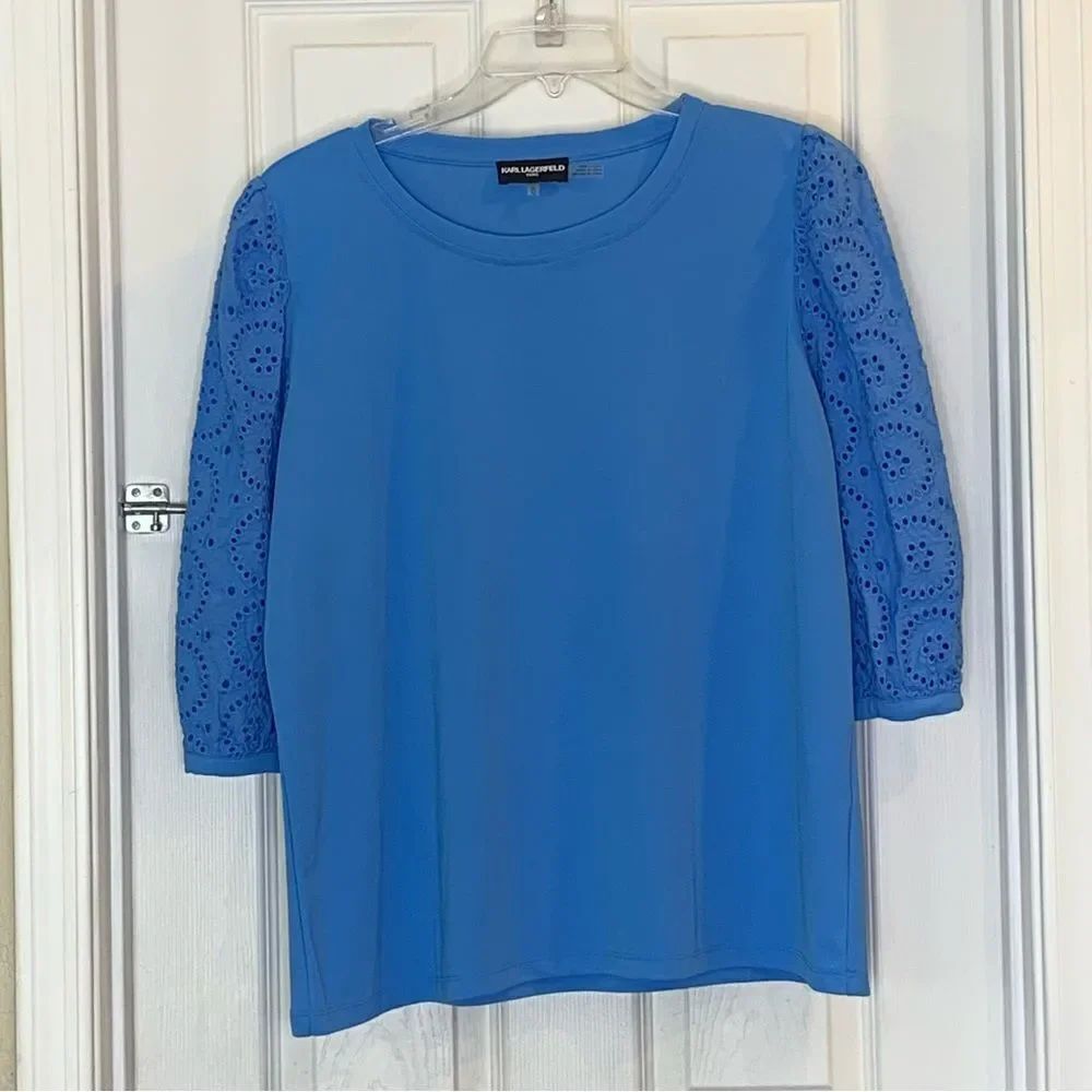 Karl Lagerfeld Blue Blouse Eyelet Sleeves Size XL